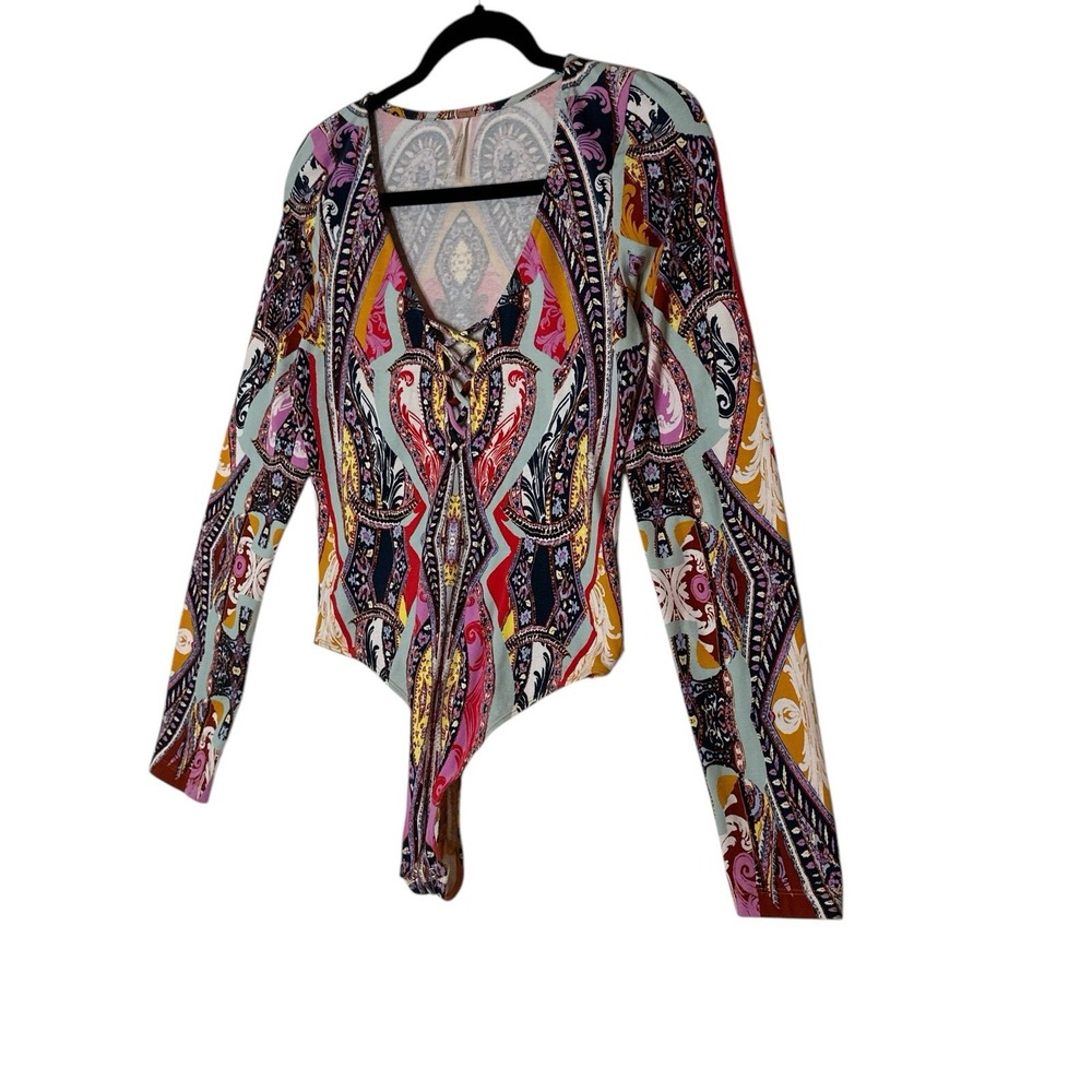 Free People Bodysuit Top Womens Small‎ Bright Colorful Stretch Long Sleeve Boho - Picture 8 of 8